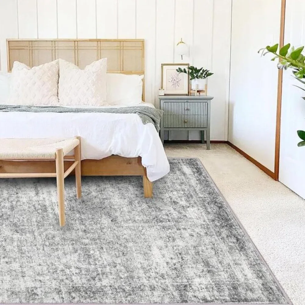 New 5x7 Gray Washable Area Rug, Vintage Floral Non-Slip Thin Accent Carpet